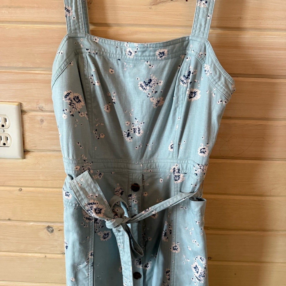 GAP Floral Button Front Midi Jumper Dress Blue Denim Sleeveless Belted Sz 6